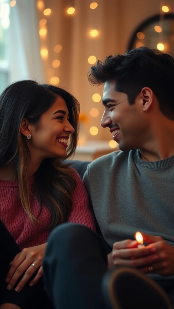 A couple having a deep conversation in a cozy, intimate setting.